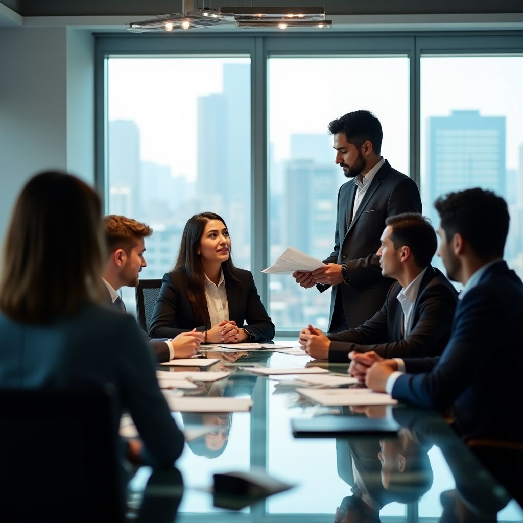 Equipo de auditores financieros reunidos en oficina moderna